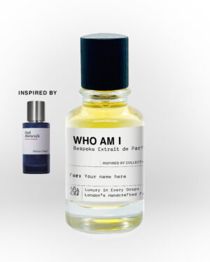 Background image inspired by 'Who Am I' perfume by IK Memoir London, showcasing fragrance notes of passionfruit, Turkish rose, saffron, oud, patchouli, leather, amber, and vanilla.